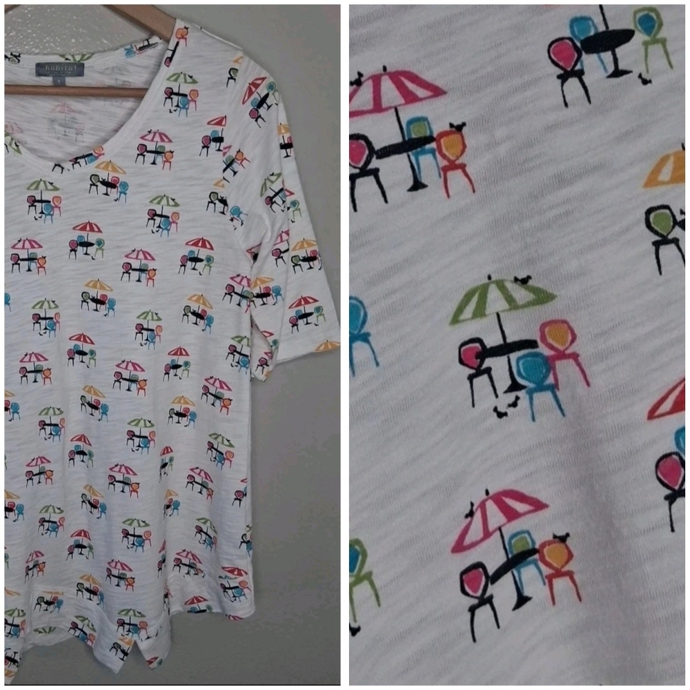 Habitat Clothes to Live In White Top Summer Cafe Novelty Print Oversized Small